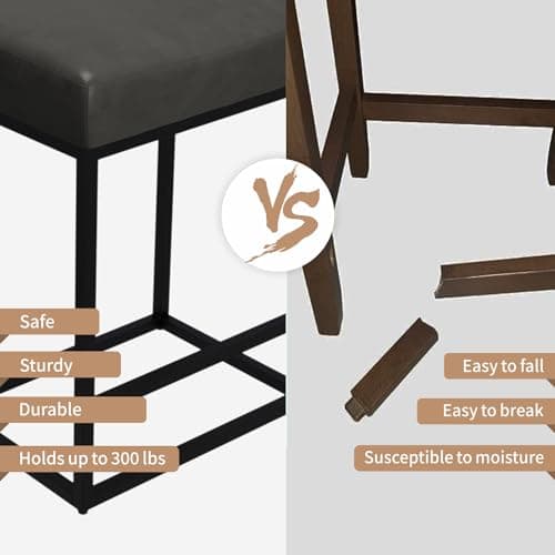 Counter Height Kitchen Stools Set of 4, Modern Faux Leather Barstools, Metal Frame Legs, Dark Grey