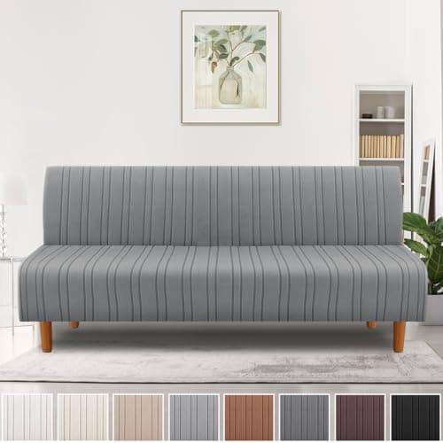 H.VERSAILTEX Stretch Futon Armless Sofa Cover, Grey Stripe Elastic Bottom
