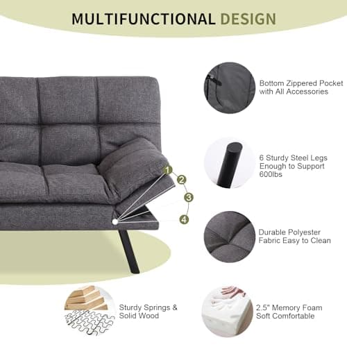 Memory Foam Futon Sofa Bed for Small Spaces - Dark Gray Fabric