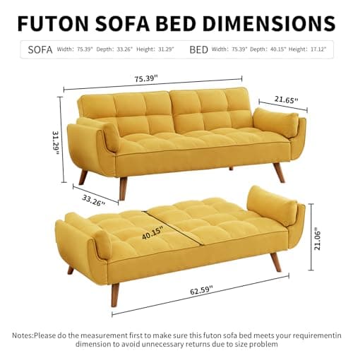 Golden Yellow Convertible Futon 3 Seater Sofa Bed, Linen Upholstery, Modern Design
