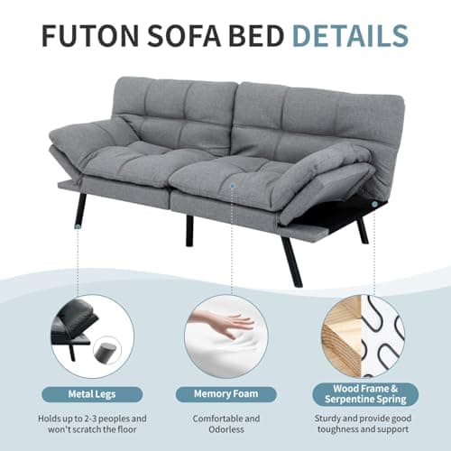 MUUEGM Light Grey Memory Foam Futon Sofa Bed Couch