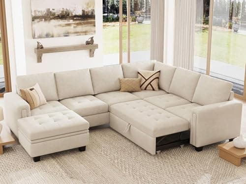 Belffin Beige Modular Sectional Sleeper Sofa with Storage Ottomans