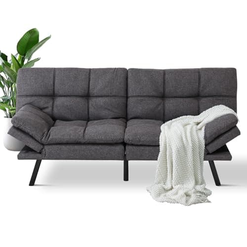 MUUEGM Grey Convertible Futon Sofa Bed, Memory Foam, Adjustable Armrest & Backrest