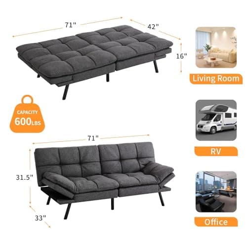 Memory Foam Futon Sofa Bed for Compact Spaces, Office, Apartment - Dark Gray Fabric