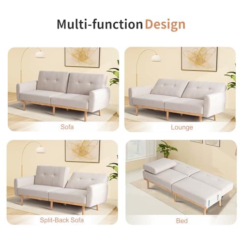 MUUEGM Convertible Sofa Bed with Removable Armrest, White Futon, Splitback Loveseat