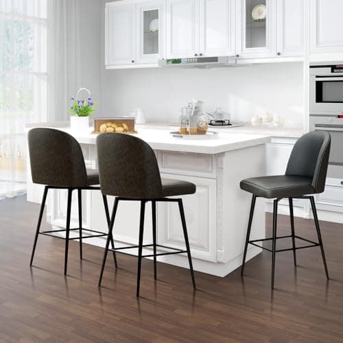 360° Swivel Leather Bar Stools Set of 3, Counter Height Chairs with Metal Legs