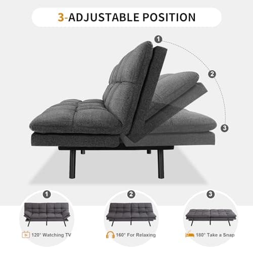 Convertible Memory Foam Futon Couch Bed, Adjustable Backrests Armrests Sleeper Sofa, Modern Love Seat Daybed for Living Room, Small Space, Office, 71, Linen Grey