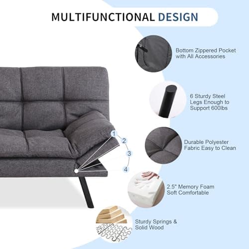 71 Futon Sofa Bed with Memory Foam and Adjustable Backrest, Dark Grey Sofa for Studios, Apartments, Dormitories, Offices, and Game Rooms