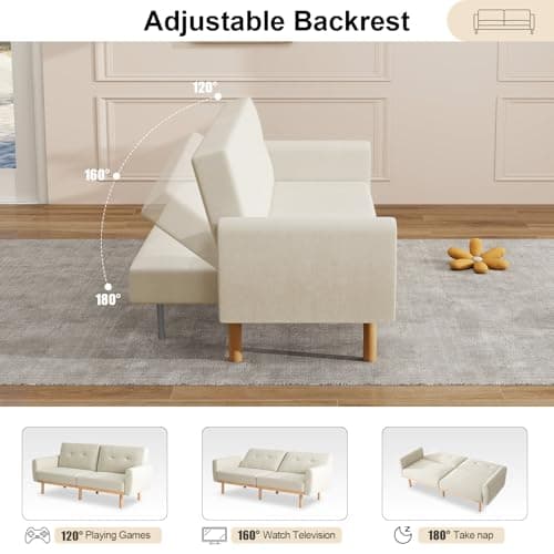 MUUEGM Beige 79.3" Convertible Memory Foam Sofa Bed with Adjustable Backrests