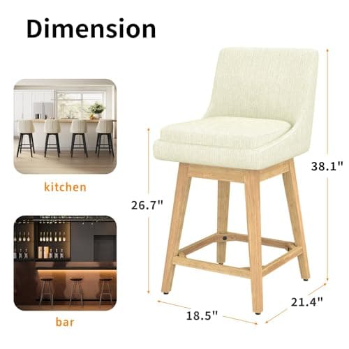 Swivel Barstool with Back, Memory Foam Upholstered Farmhouse Bar Stool - Linen Ivory