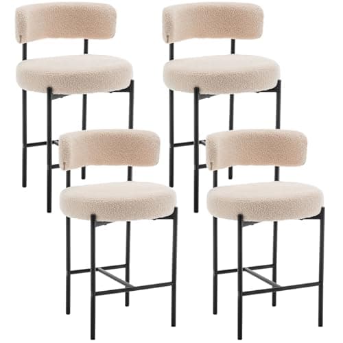 24" Modern White Bar Stools with Backs, Boucle Set of 2 for Kitchen Island, Bar, Cafe