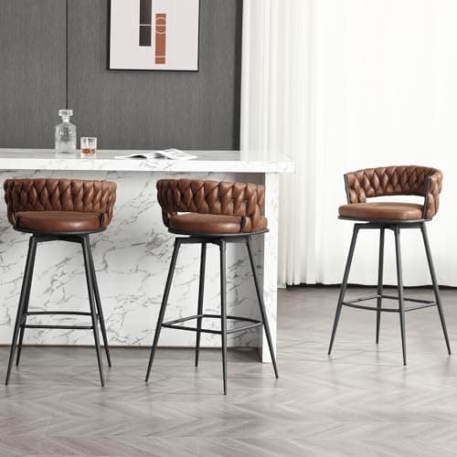 BFZ 26inch Modern Swivel Bar Stool Set, Suede Woven Back Footrest, Kitchen Island Furniture
