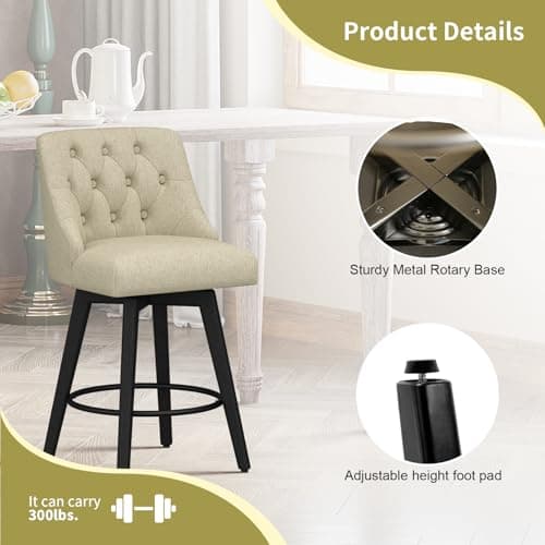 Modern Swivel Bar Stools Set of 2, Fabric Upholstered Counter Height with Back, Solid Wood Legs, Wheat