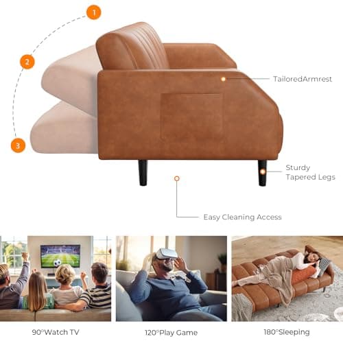 Fadware 78" Adjustable Faux Leather Futon Sleeper Couch, 2 Seater Brown