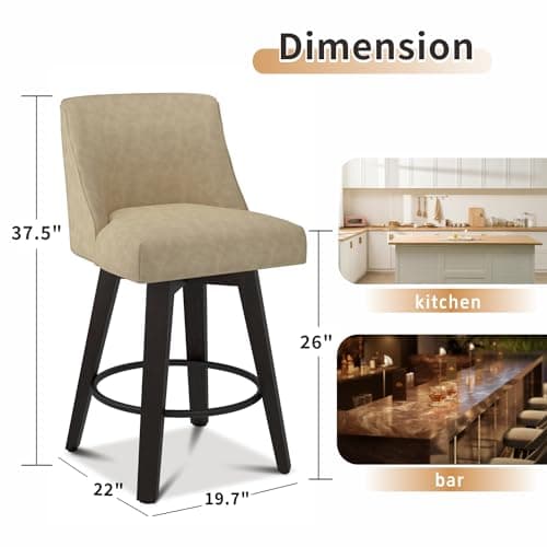 Counter Height Bar Stools Set of 2 with Swivel and Back, 26In Height, Solid Wood Stand, Fabric Upholstered, Thicken Cushion Back, Tan Brown