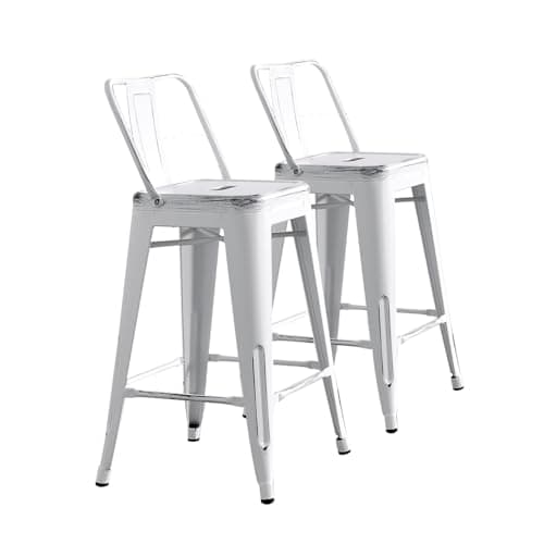 AC Pacific Rustic Style Modern Metal Barstool Set of 2 - Distressed White, Low Back