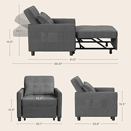3-in-1 Convertible Futon Sofa Bed with Adjustable Backrest, Dark Grey Linen Fabric