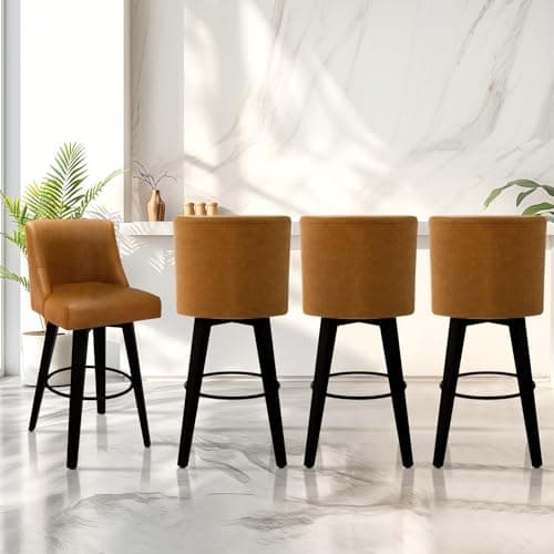 Swivel Counter Height Bar Stools Set of 2 with Back, 30 Inch Height, Solid Wood Stand, Faux Leather Upholstery, Thick Cushion Back - Whisky