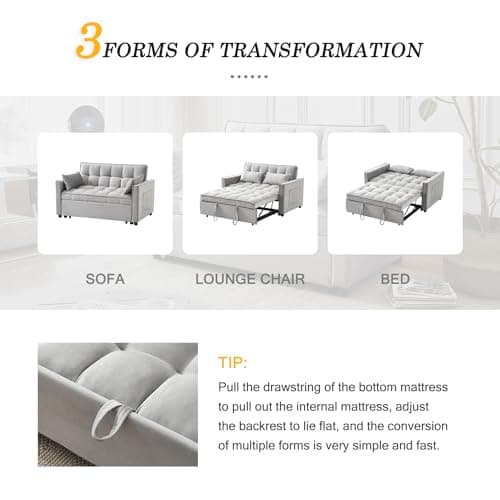 Grey Modern 3-in-1 Futon Sofa Bed with Pullout Bed and Storage Pockets