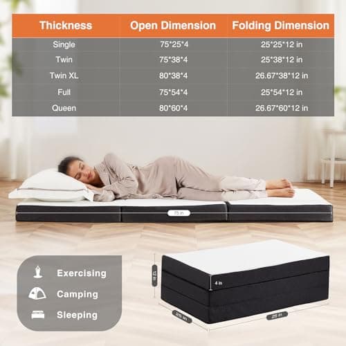 Sweetcrispy CertiPUR-US Certified 4 Inch Memory Foam Tri-fold Mattress - Portable, Washable, Ideal for Travel & Yoga