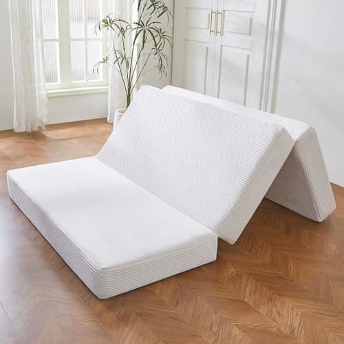 BYBYME 6 Inch Gel Tri-Folding Corduroy Mattress, Washable Cover (Grey, Full)