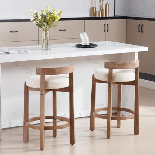 Mid-Century Linen Upholstered Bar Stools, Beige, Set of 2