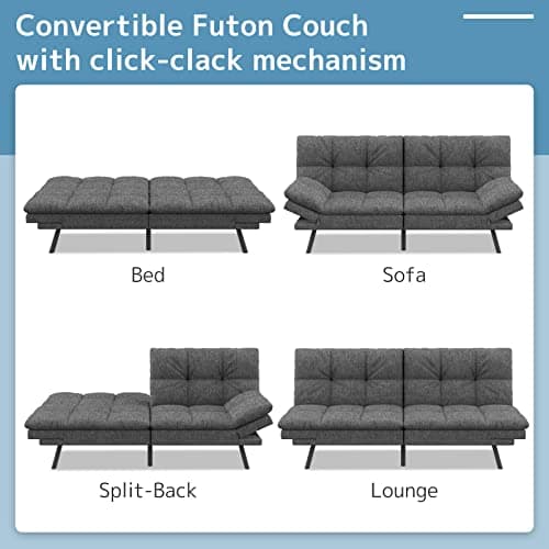 Dark Gray Memory Foam Wood-it Futon Sofa Bed with Adjustable Armrests