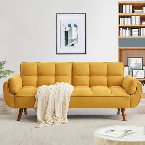 Golden Yellow Convertible Futon 3 Seater Sofa Bed, Linen Upholstery, Modern Design