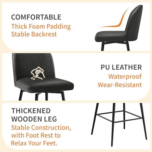360° Swivel Leather Bar Stools Set of 3, Counter Height Chairs with Metal Legs
