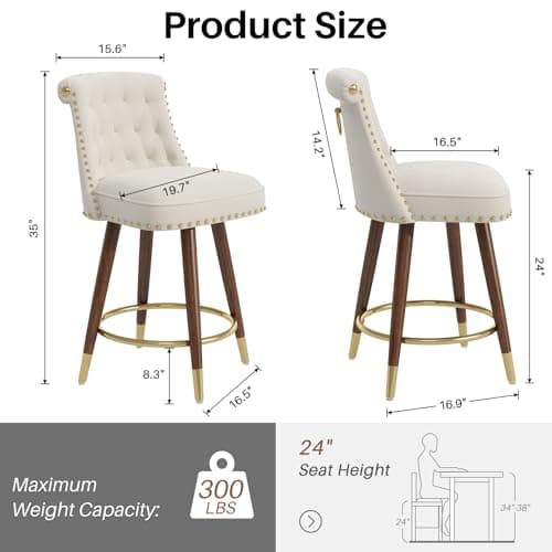 4-Piece 360° Swivel Bar Stool Set, Velvet Upholstered with Back and Footrest, Beige Fabric, Counter Height 24" Seat