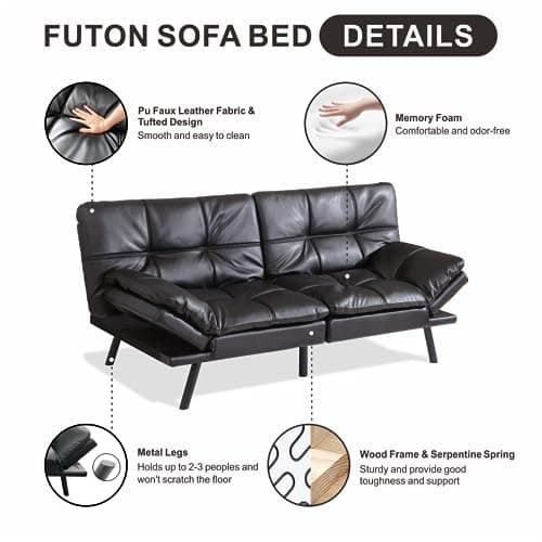 Black Memory Foam Futon Sofa Bed for Small Space Apartment Office, Adjustable Backrest and Armrest - 71 Love Seat