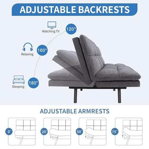 Convertible Memory Foam Futon Sofa Bed with Adjustable Backrest and Armrests, Dark Grey
