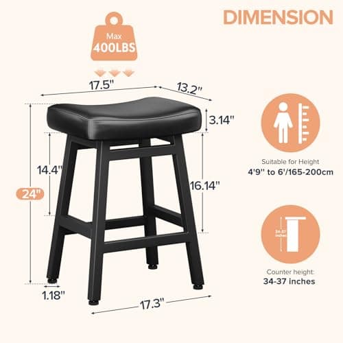 All Black Counter Height Bar Stools Set of 2, 24 Inch Kitchen Barstools