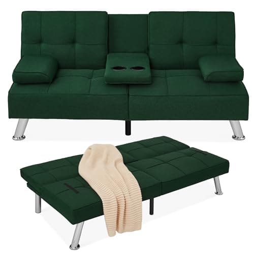 Best Choice Products Reclining Linen Folding Futon Sofa Bed, 2 Cupholders - Black