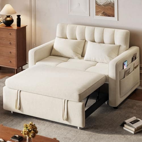3-in-1 Cat-Scratch-Proof Grey Sofa Bed, 55" Living Room Loveseat with Pull-Out Bed and Adjust Backrest