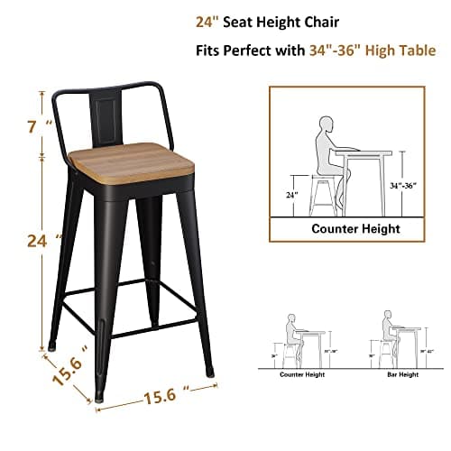 WENTMENT Black Metal Bar Stools Set of 4 Counter Height Kitchen Bar Stools with Wooden Seat