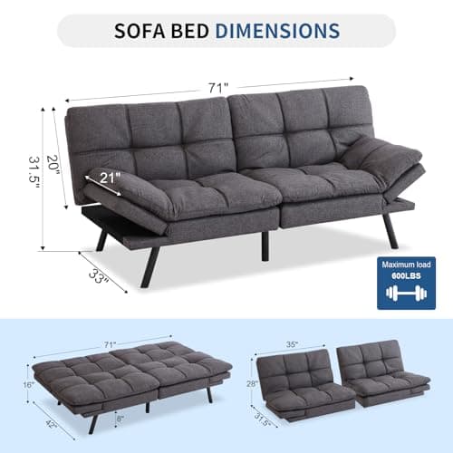 71 Futon Sofa Bed with Memory Foam and Adjustable Backrest, Dark Grey Sofa for Studios, Apartments, Dormitories, Offices, and Game Rooms