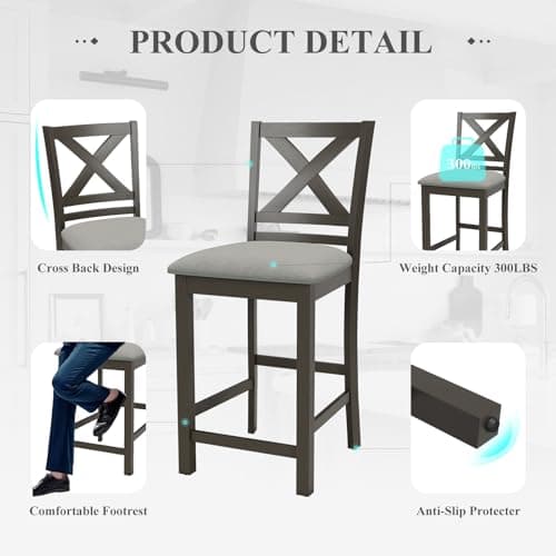 COLAMY Mid Century Modern Wooden Bar Stools Set of 4, Dark Grey