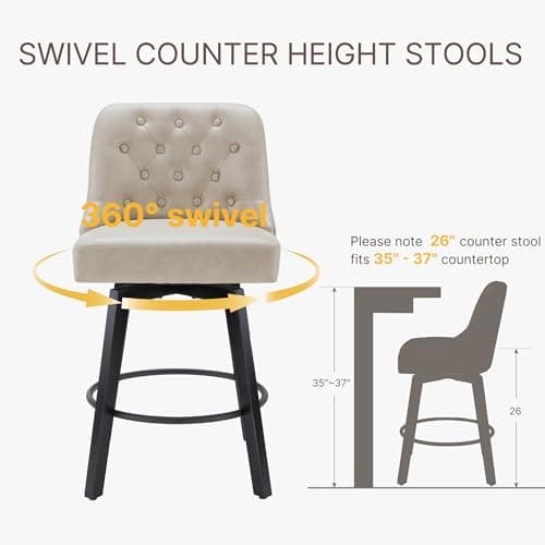 Swivel Barstools 26 Seat Height Set of 2 for Kitchen Island - Beige Fabric