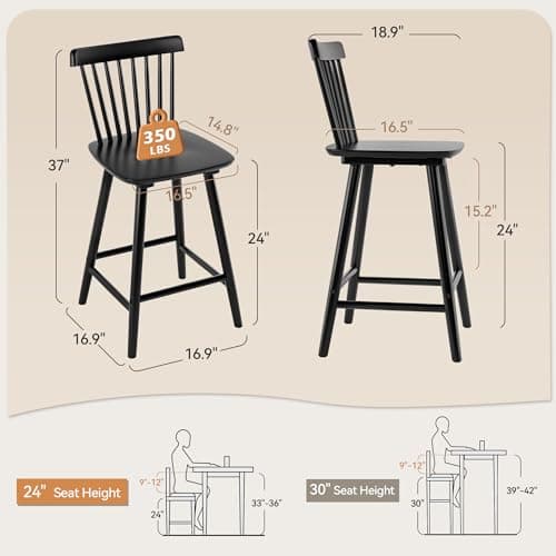LUE BONA Upgraded Windsor Black Bar Stools, Set of 4, 24 Inch Seat