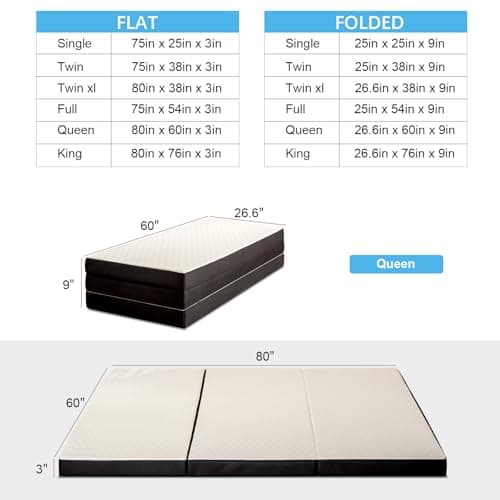 MUUEGM Tri-Fold Memory Foam Queen Mattress for Camping/RV/Guest Beds