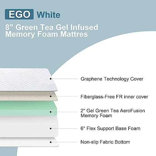 Green Tea Gel Infused Memory Foam Twin Mattress, Cooling Sleep & Pressure Relief