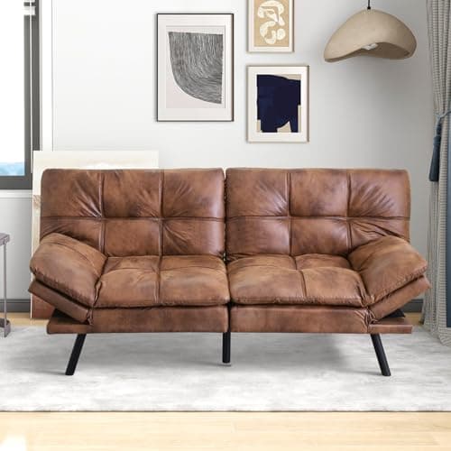 MUUEGM Futon Sofa Bed with Memory Foam, Modern Faux Leather, Adjustable Backrests and Armrests, Brown