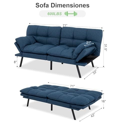 MUUEGM Blue Convertible Memory Foam Sofa Bed with Adjustable Backrest for Living Room