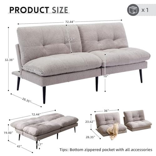 Futon Sofa Bed with Adjustable Backrest, Grey