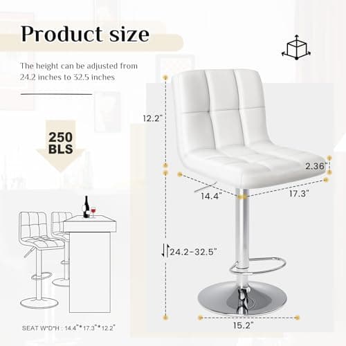 DUMOS Adjustable Swivel Bar Stools, PU Leather, White