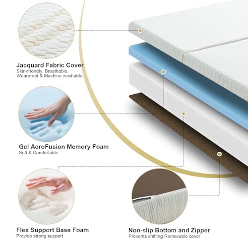 6 Inch Queen Memory Foam Tri Folding Mattress, Washable Cover, Portable Topper, CertiPUR-US Certified