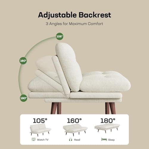 Marsail Corduroy Futon Sofa Bed, Adjustable Backrest, White