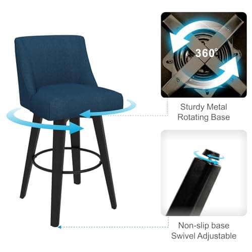 Counter Height Bar Stools Set of 2 with Swivel and Back, Fabric Upholstered Navy Blue