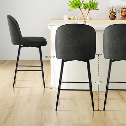 Black Upholstered Bar Stools Set of 3 with 360°Swivel, High Back and Metal Legs